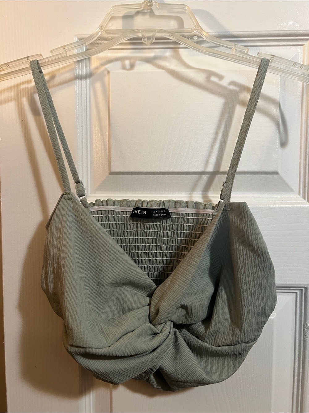 SHEIN Sage Green Twist-Front Smocked Crop Top